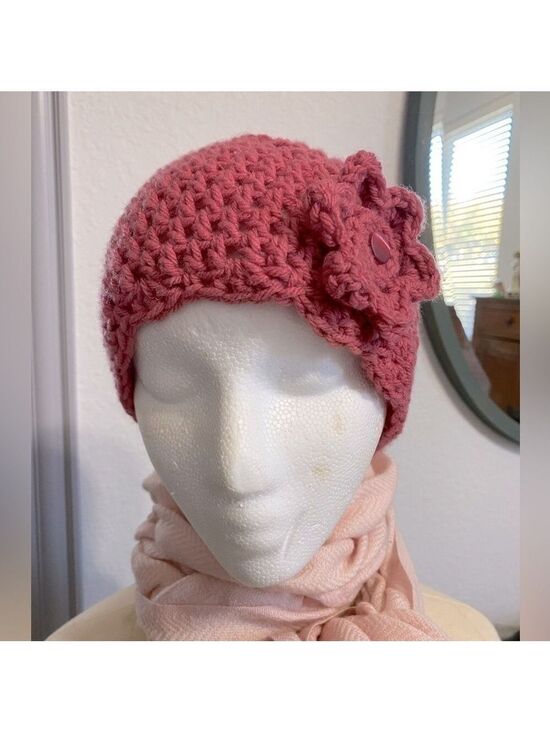 Accessories - Handmade crochet pink beanie with flower for ladies size medium one of a kind, l